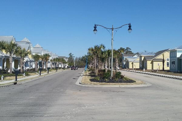 view of street with landscaped island median